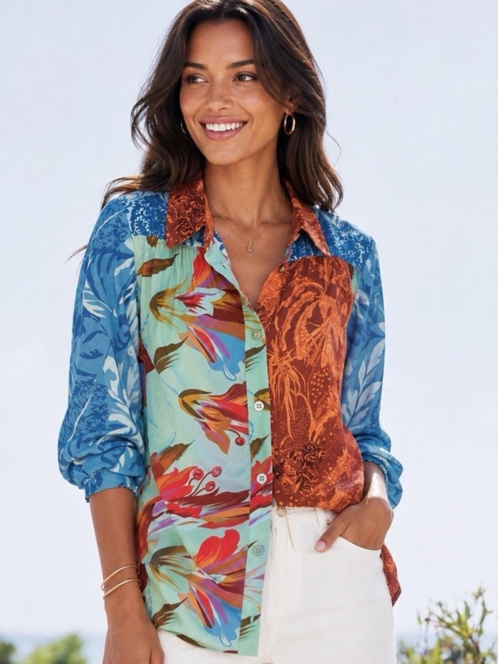 Soft Surroundings Hermosa Mixed Print Patchwork Button Down Tunic Blouse L